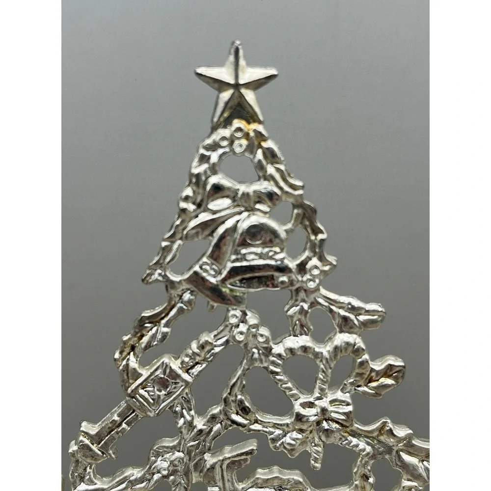 Silver Tone Metal Filigree Christmas Tree Tabletop Decor 6.5